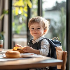Fototapeta premium Toddler boy enjoys breakfast at a sunlit dining table, useful for family and children's advertising.