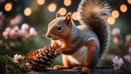 Fototapeta premium A squirrel holding a pine cone amidst flowers and soft lights.