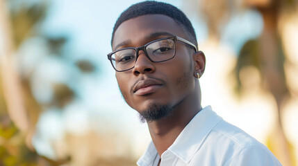 African American man with thoughtful gaze in natural light. Ideal for professional portraits, personal growth, or authentic representation.