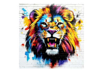 Lion graffiti on brick wall.