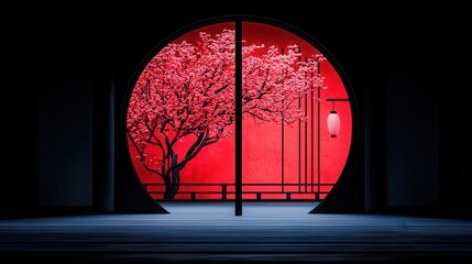 Serene Cherry Blossom View Through Circular Window in Tranquil Japanese Room