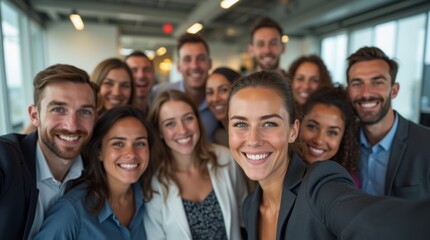 Coworkers posing for a group selfie in a professional office setting, smiling and showing team spirit in a casual, cheerful atmosphere.