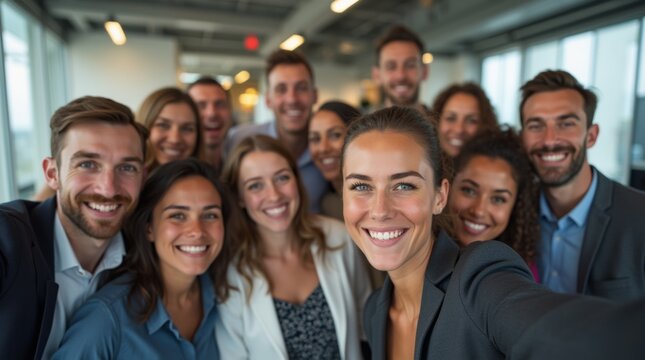 Coworkers posing for a group selfie in a professional office setting, smiling and showing team spirit in a casual, cheerful atmosphere.