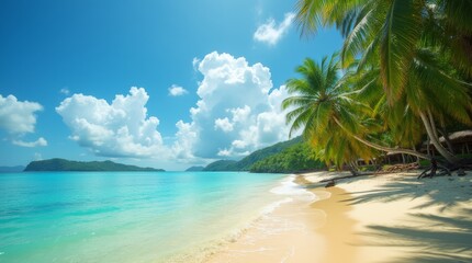 Beautiful tropical beach with palm trees and turquoise water, perfect vacation destination under bright blue skies.