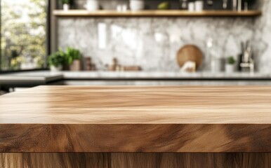 Empty wooden table top with a blurred kitchen background for product display