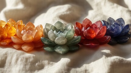 Layered chakra stones arranged to resemble a lotus flower, artistic flat lay style, natural light from the side creating shadows, rich jewel tones against a soft white cloth
