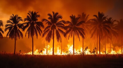 Fototapeta premium Palm trees burning in a wildfire, with thick smoke and flames rising, a dramatic and destructive tropical scene.