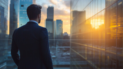 Business professional viewing urban sunrise. Ideal for corporate vision, leadership ambition, or future success.