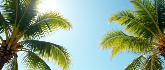 Naklejka premium Palm trees with vibrant green leaves swaying in the breeze on a sunny tropical day, creating a relaxed and peaceful vibe.