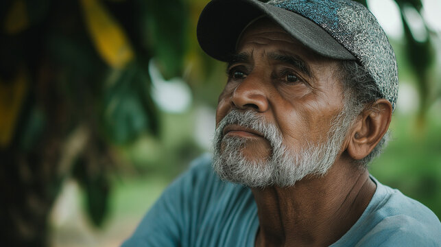 Hispanic senior man in contemplative outdoor portrait. Perfect for wisdom stories, life experience, or mature authenticity.