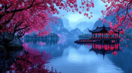 Serene Lake View with Cherry Blossom Trees and Traditional Pavilion at Dusk