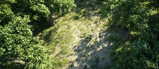 Fototapeta premium Aerial view of a sun-dappled forest path.