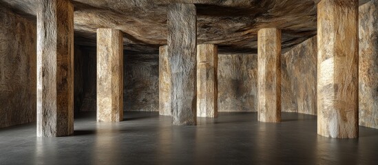 Stone columns in a cavernous room with a textured ceiling and floor.