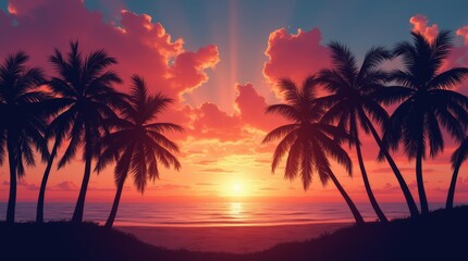 Obraz premium Silhouettes of palm trees against a stunning sunset on a tropical beach, creating a calm and scenic evening atmosphere.