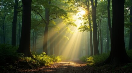 Fototapeta premium Sunlight rays streaming through a dense forest canopy