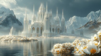 Fototapeta premium Majestic white castle on a lake, surrounded by snow-capped mountains and flowers.