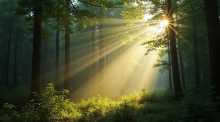 Obraz premium Sunlight rays streaming through a dense forest canopy