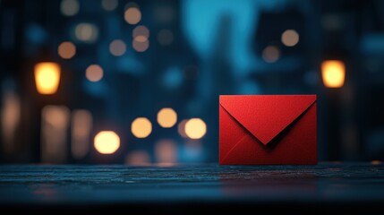 Red Envelope on Wooden Table Against Night City Lights with Bokeh Background