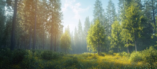 Obraz premium Sunlit forest path with tall trees and wildflowers.