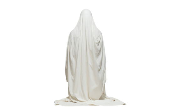 A figure draped in a flowing white garment, kneeling on the ground, evoking a sense of reverence and mystery.