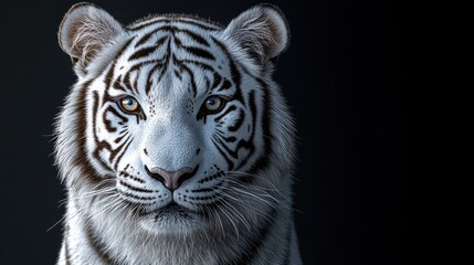 Majestic white tiger portrait against a dark background.