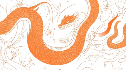 Obraz premium Serpentine Dragon Amidst Blossoms: A Delicate Orange Line Art
