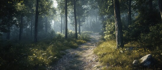 Obraz premium Misty forest path with sunlight filtering through trees.