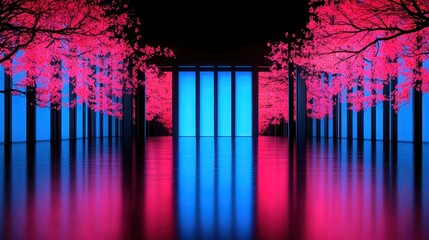 Naklejka premium Enchanted Pink Trees in a Modern Futuristic Hallway with Reflective Flooring