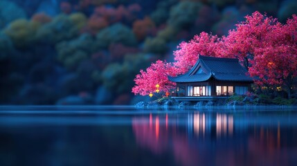 Tranquil Japanese Tea House Surrounded by Pink Cherry Blossoms Reflected in Water