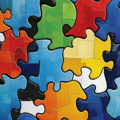 Fototapeta premium Colorful jigsaw puzzle pieces interlocked, forming an abstract pattern.