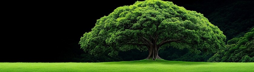 Fototapeta premium Luminous Tree in Darkness: A solitary, verdant tree stands tall against a dramatic backdrop of inky darkness, its lush foliage glowing with an ethereal luminescence.