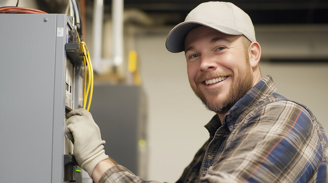Professional electrician working on electrical panel with smile. Great for skilled trade services, maintenance, and industrial expertise.