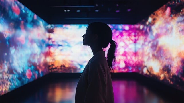 Immersive Experience in Featuring a Large LED Screen Displaying Vibrant Colors and Abstract Patterns, Person Silhouetted in Foreground Enjoying the Digital Art Installation