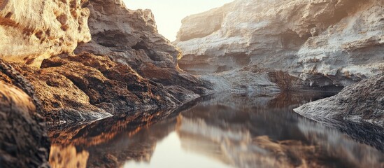 Calm water reflecting canyon walls at sunset.