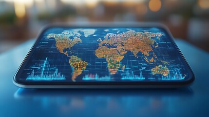 Digital World Map Displayed On Modern Tablet Device