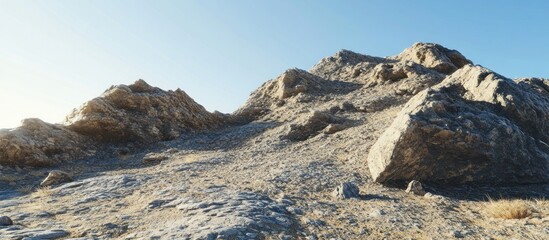 Rocky hillside under a clear blue sky.