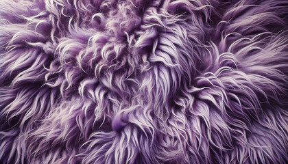 Purple fur texture top view. Purple or lilac sheepskin background. Fur pattern. Texture of lilac shaggy fur. Wool texture. Sheep fur close up