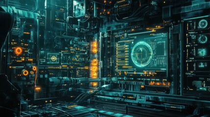Fototapeta premium Futuristic control room with glowing interfaces and complex machinery.