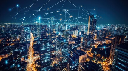 Naklejka premium Night cityscape with digital network connections.
