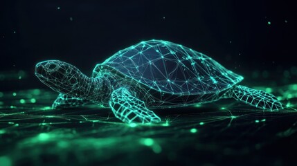 Abstract glowing turtle, polygonal lines, dark background.