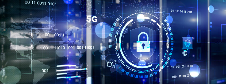 Cyber protection shield icon on server room background. Information Security 2025