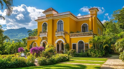 A classic villa with striking yellow walls, arched windows, and a lush garden, bathed in bright blue skies