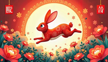 Naklejka premium Vibrant Red Rabbit Leaping Through Moonlit Floral Garden in Traditional Asian Art Style