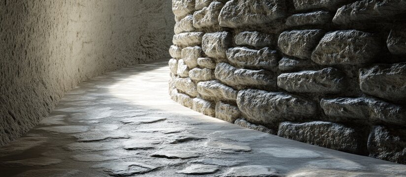 Sunlit stone pathway beside a curved stone wall in a dimly lit passage.
