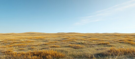 Fototapeta premium Expansive golden grassland under a clear blue sky. (1)