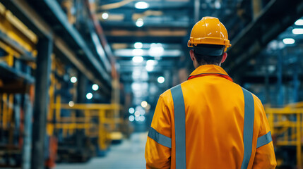 Industrial worker in safety gear inside factory. Great for manufacturing, workplace safety, and industrial operations.