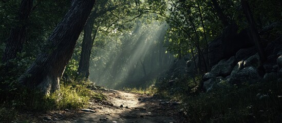 Sunbeams illuminate a tranquil forest path winding through lush greenery and rocky terrain.