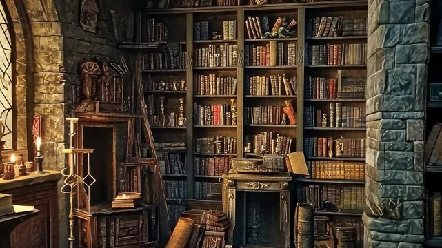 Enchanting witch room filled with ancient books and mystical artifacts in a medieval fantasy setting, Animated background of witch room, medieval fantasy ing time-lapse video