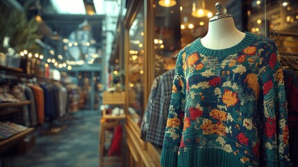 Obraz premium Floral sweater on display in a vintage clothing store.