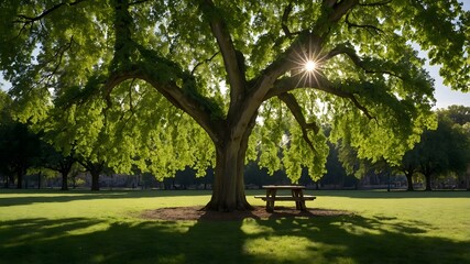 Beneath the Shade: Large-Leaved Lime Tree in a Sunlit Park with Picnic Delight